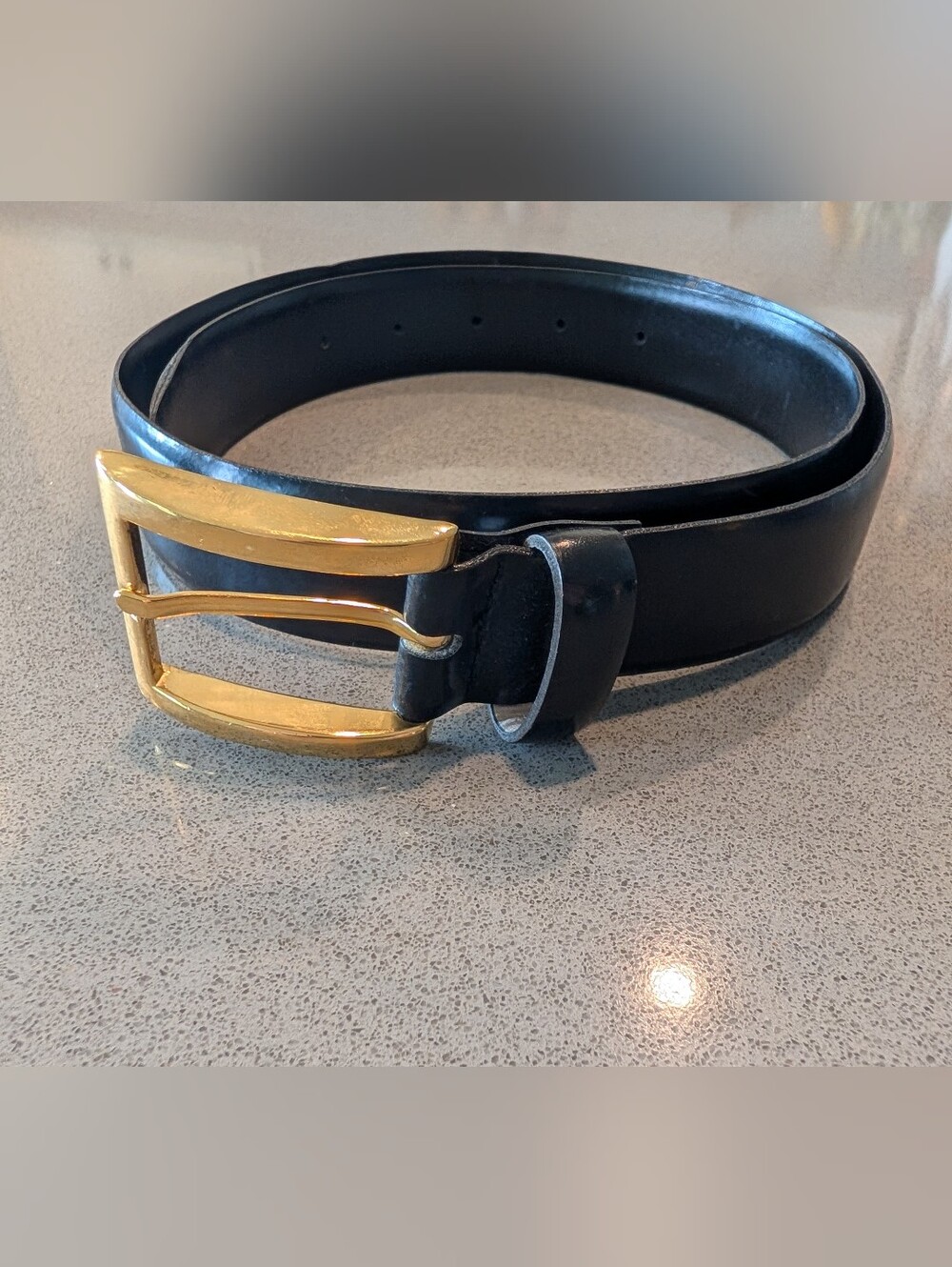 St. John Black Leather Belt with Gold Buckle